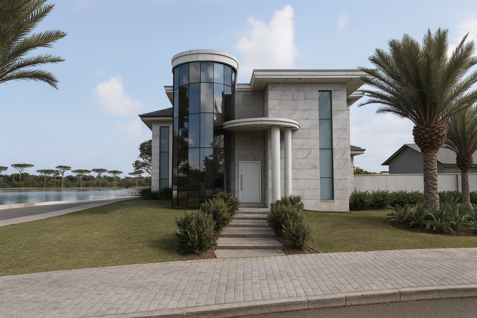 AI Rendering: residenza con torre vetrata e giardino