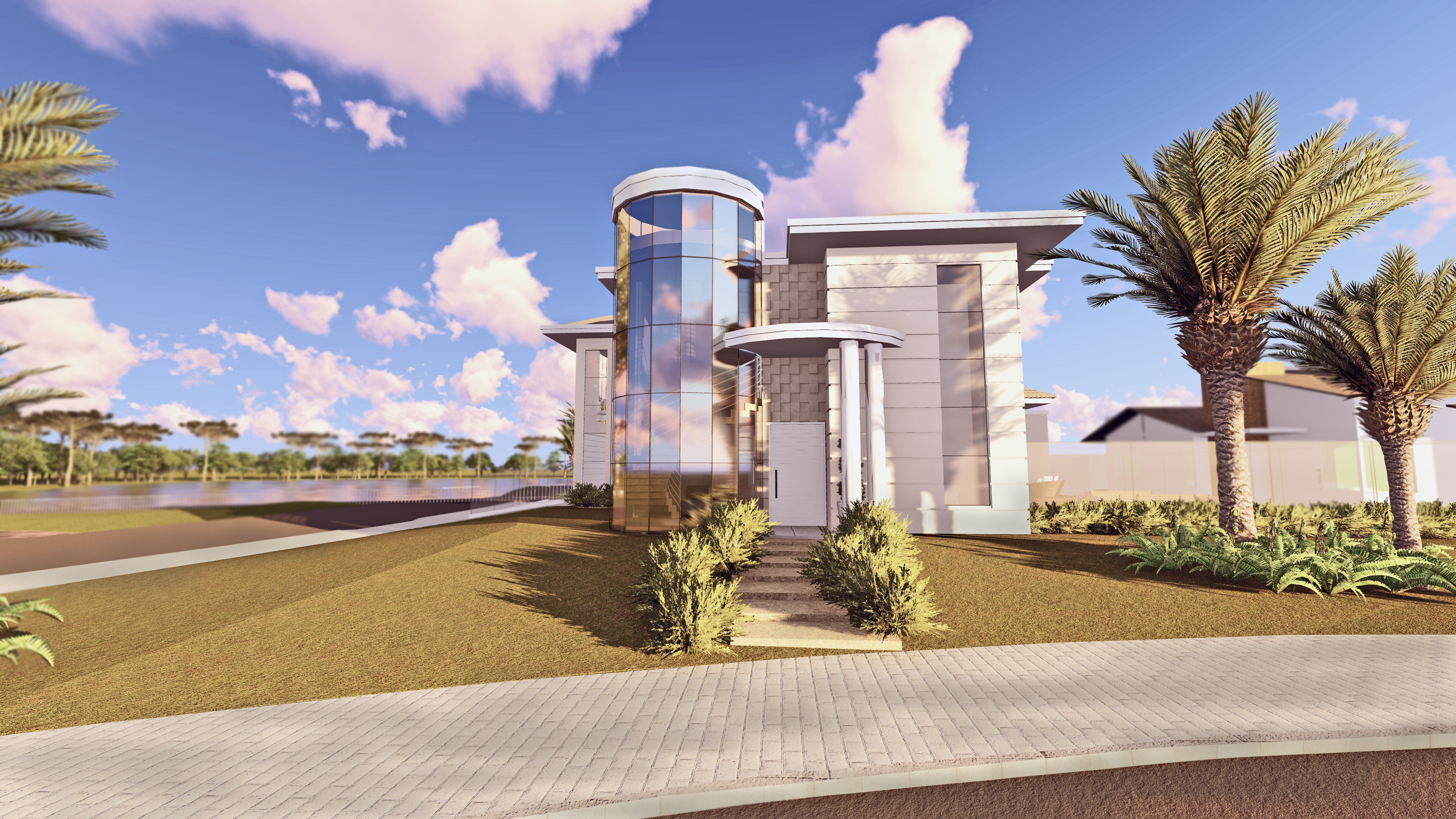 Traditional Rendering: la stessa residenza con torre vetrata e giardino
